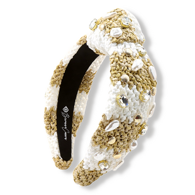 Khaki & White Raffia Headband with Baroque Pearls