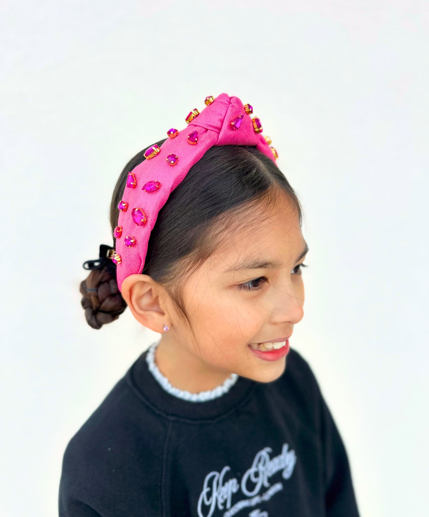 Child Size Shimmer Headband with Hand-Sewn Crystals in Pink