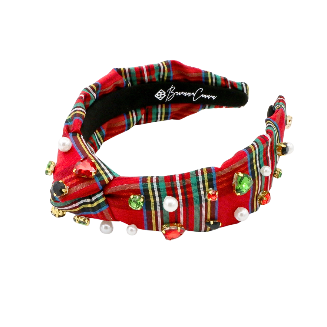 Child Size Tartan Plaid Headband with Crystals and Pearls