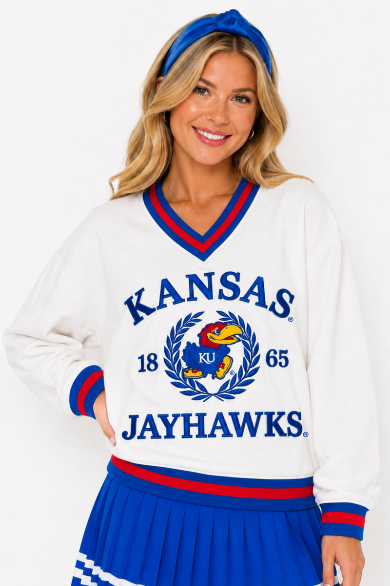 Kansas Heritage V-Neck Pullover: heritage-inspired V-neck pullover with Kansas lettering and graphics on the front
