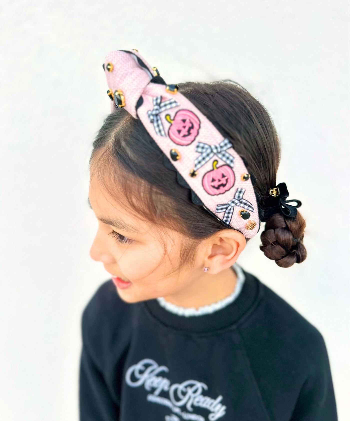 Child Size Pink Cross-Stitch Halloween Headband with Embroidered Pumpkins