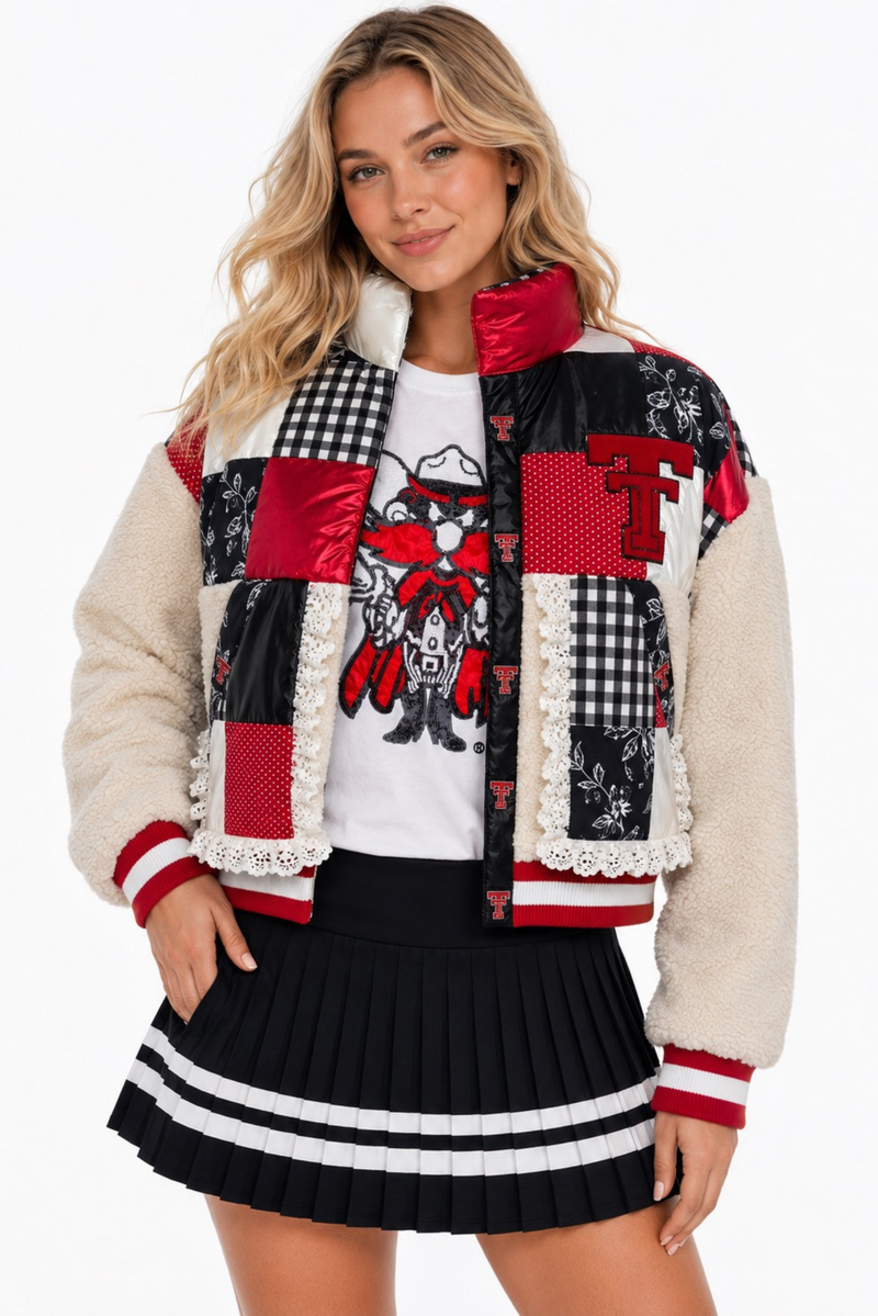 Texas Tech Patchwork Sherpa Jacket: patchwork sherpa jacket with Texas Tech logo snap buttons and lace accents