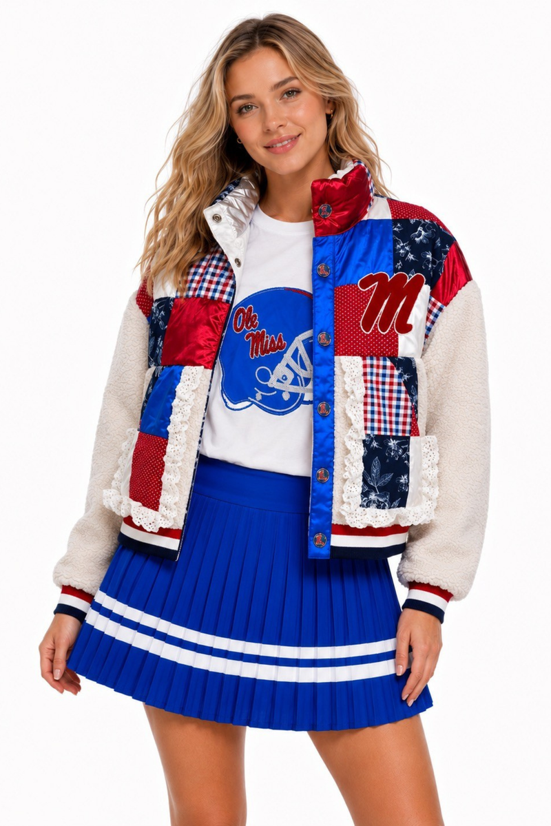 Ole Miss Patchwork Sherpa Jacket: patchwork sherpa jacket with Ole Miss logo snap buttons and lace accents