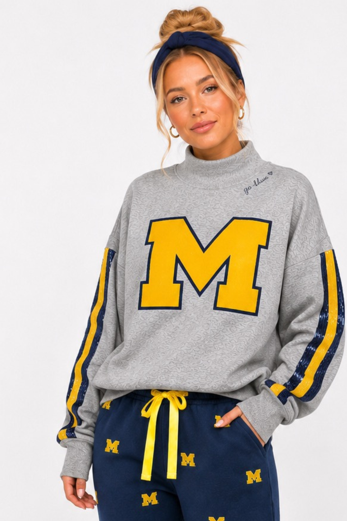 Michigan Mock Neck Sequin Stripe Sweatshirt – Officially Licensed