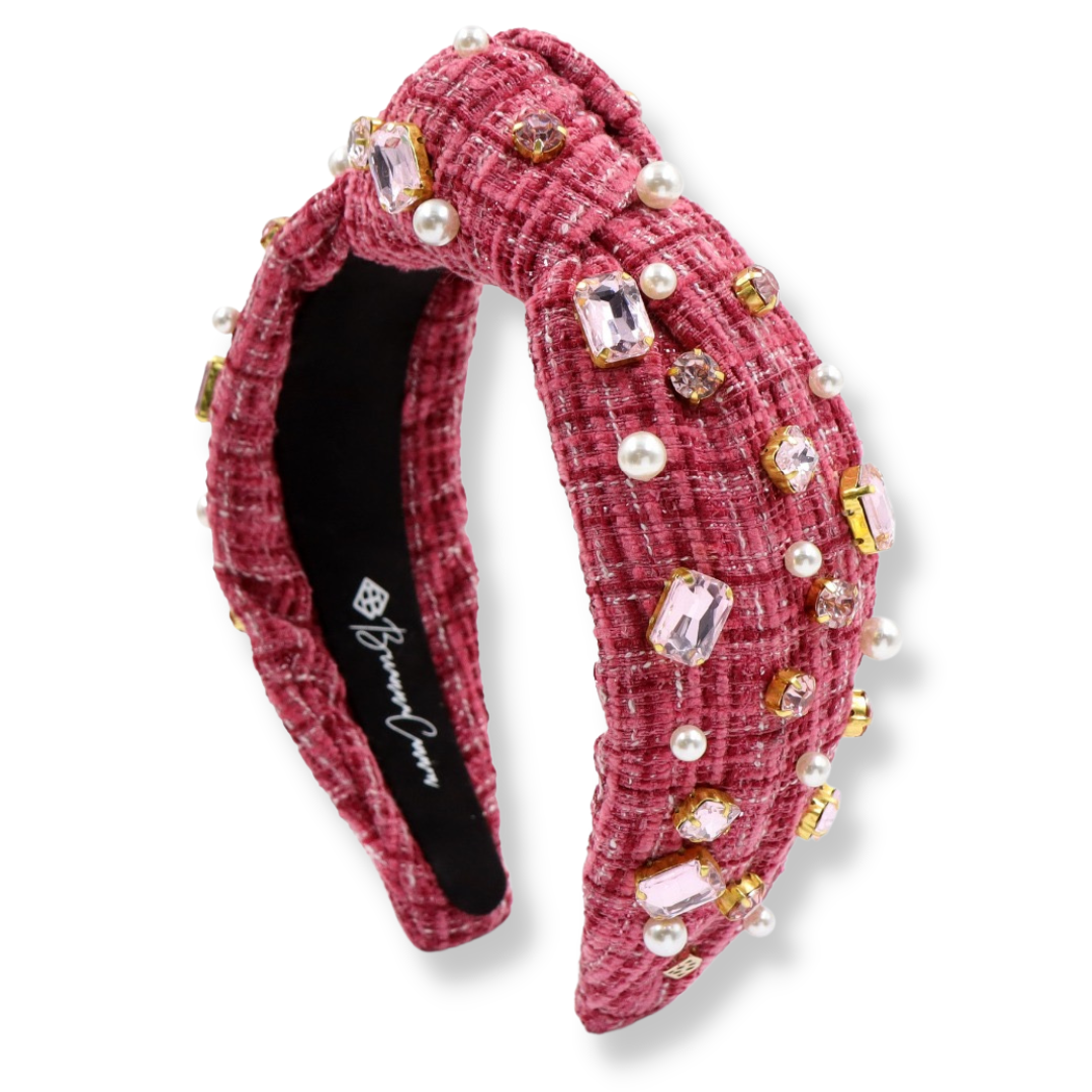 BC x Stylin Brunette - Maroon Tweed Headband with Blush Pink Crystals & Pearls