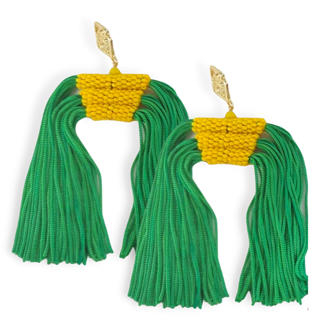 Color Block Tassel Earrings - Green and Gold