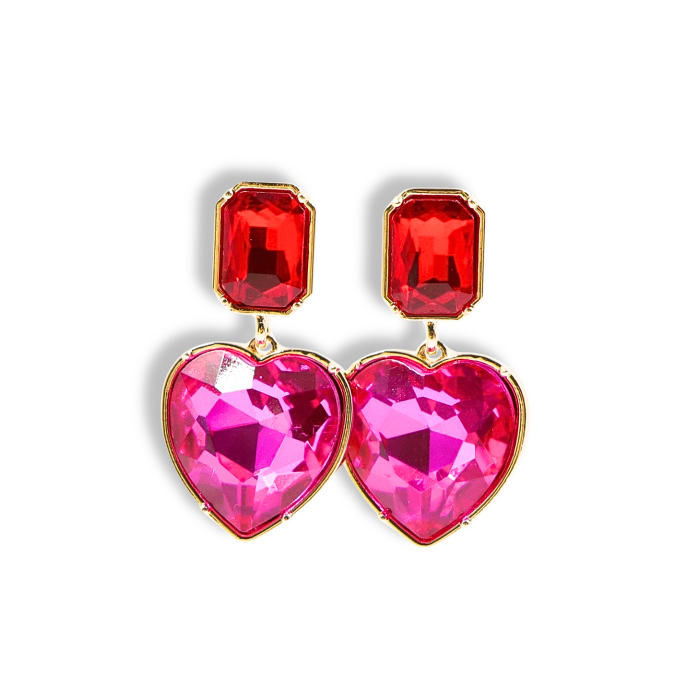 Pink Crystal Heart Earrings with Red  Crystal Top