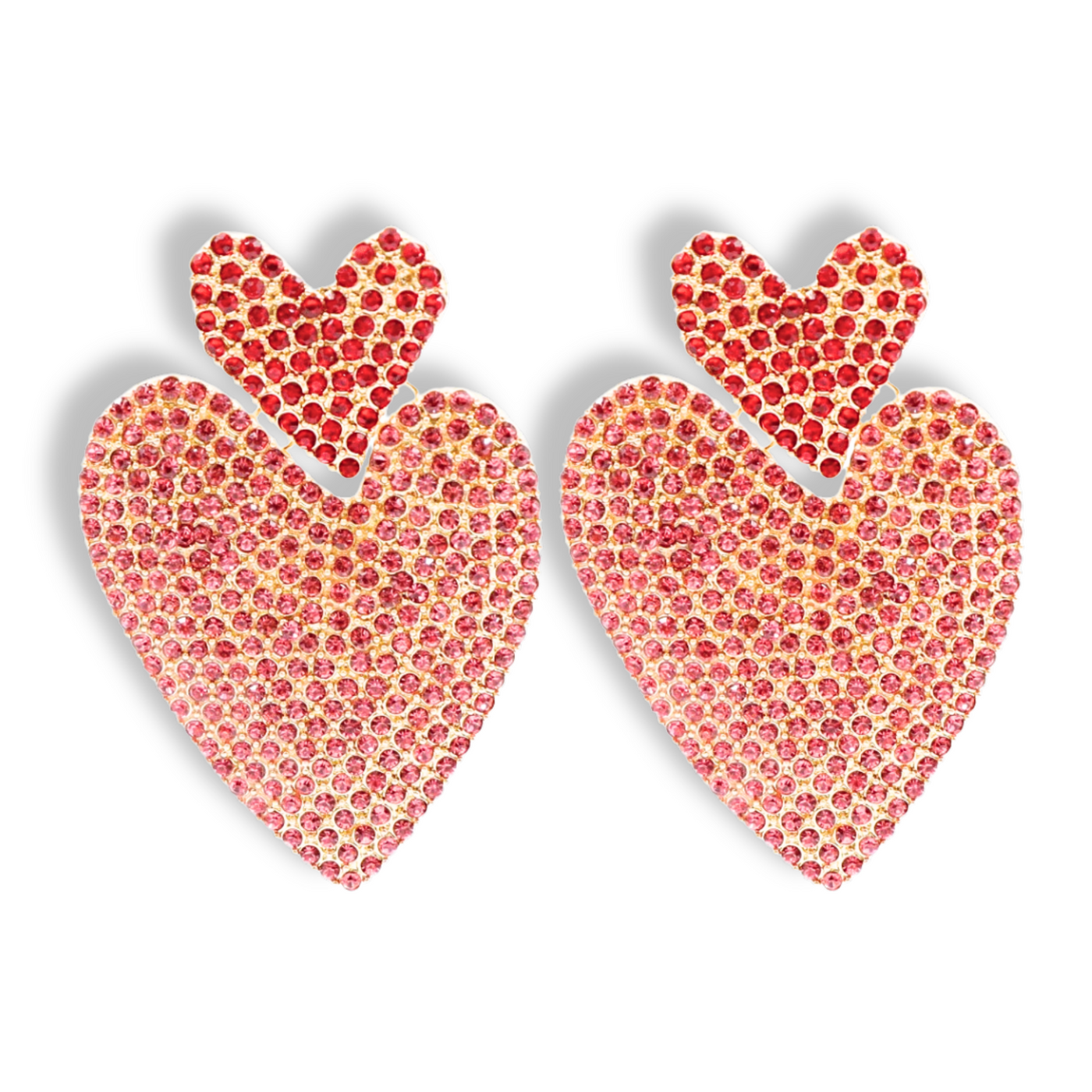 Red & Pink Double Drop Heart Crystal Earrings