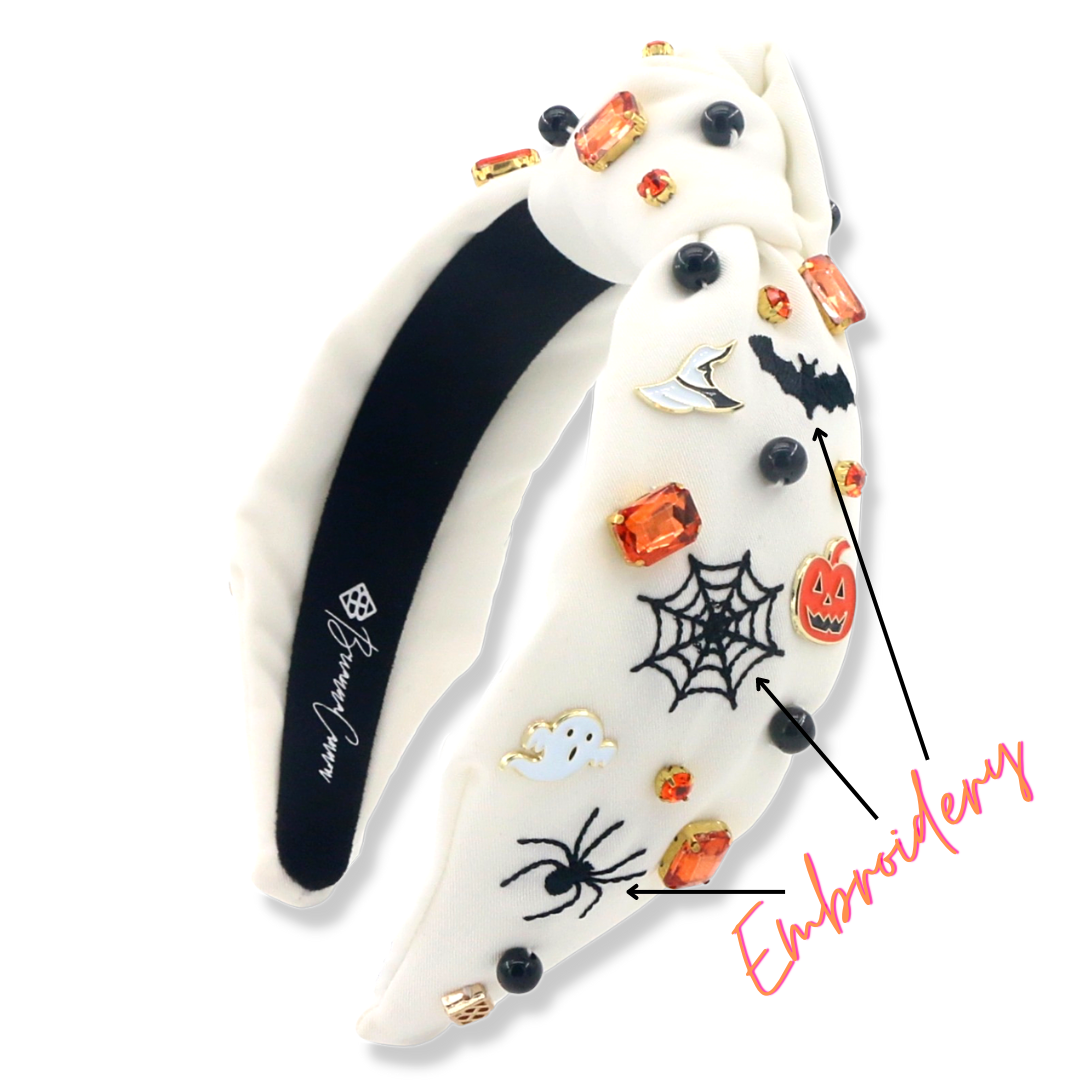Adult Size White Headband with Halloween Embroidery, Charms & Crystals