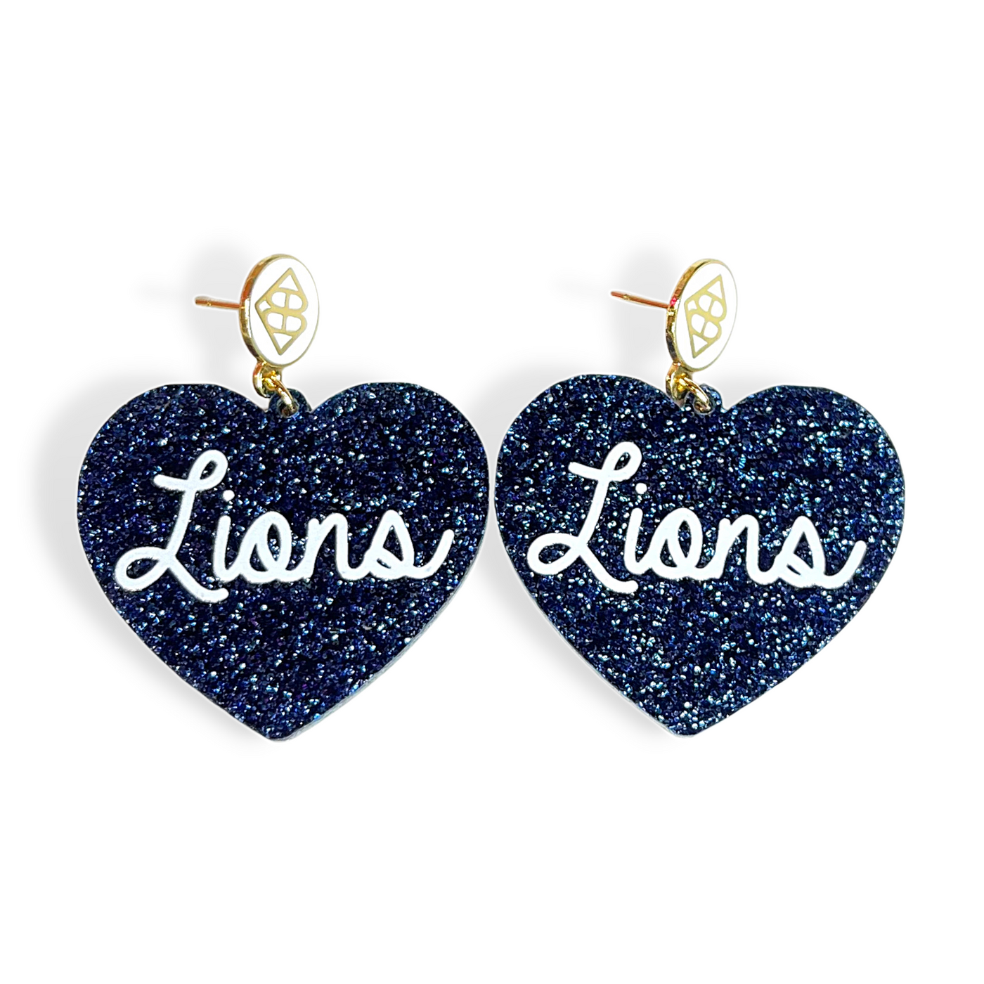 Navy Glitter Heart Earrings with White Lions Script