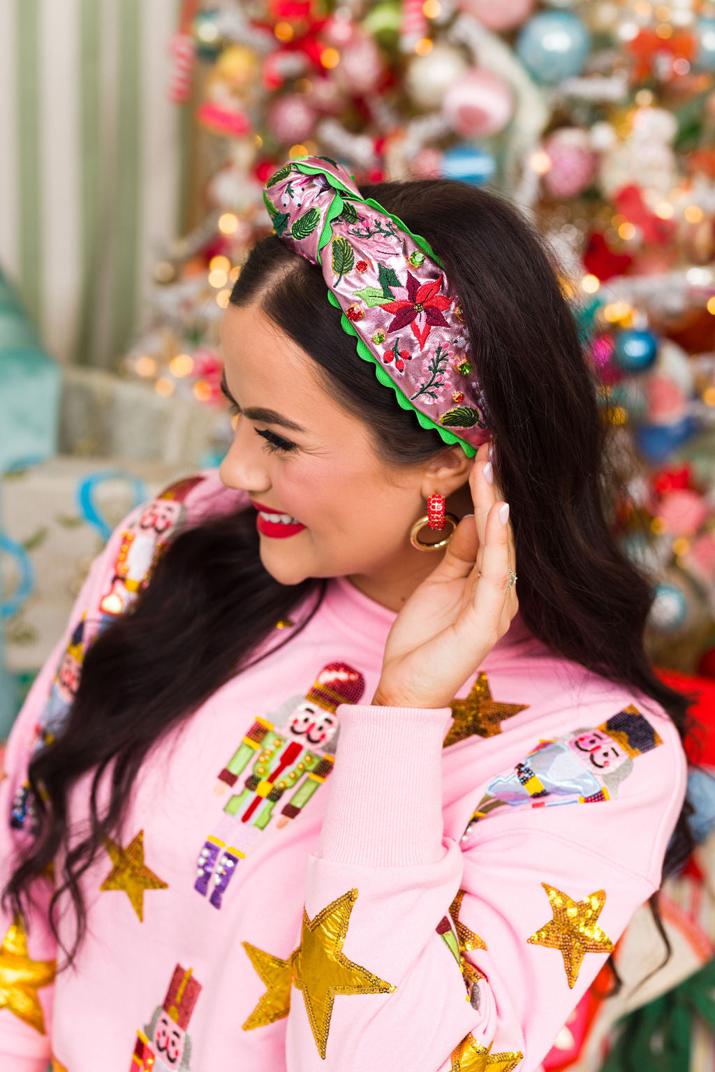 Pink Metallic Embroidered Poinsettia Headband