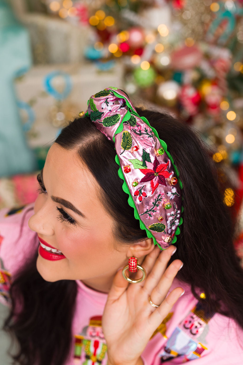 Pink Metallic Embroidered Poinsettia Headband