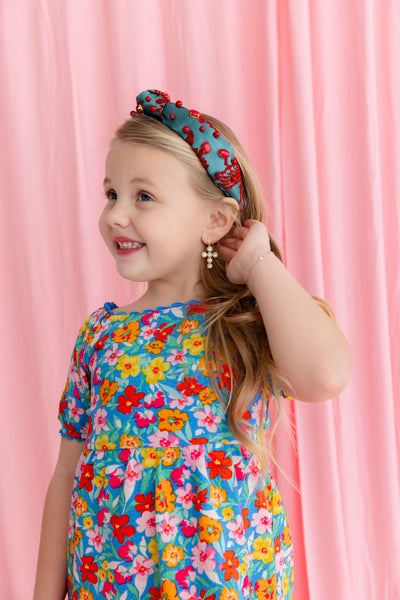 Child Size Teal Headband With Red Floral Embroidery and Stones