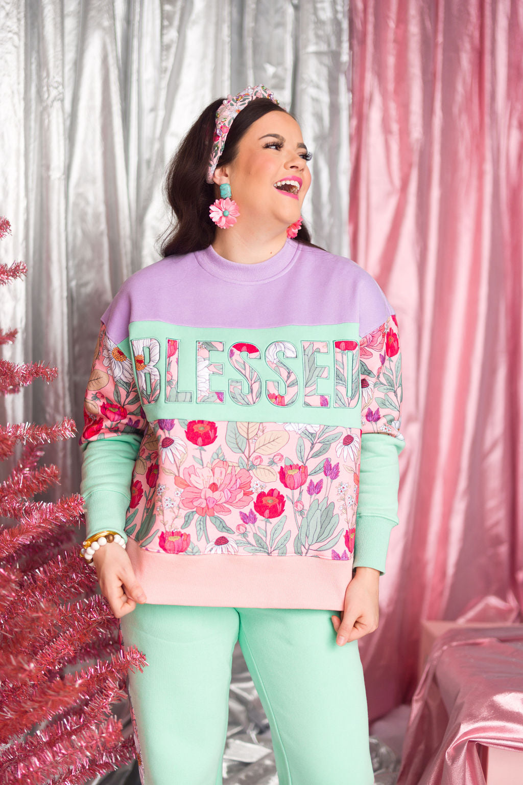 BLESSED Floral Fleece-Lined Sweatshirt