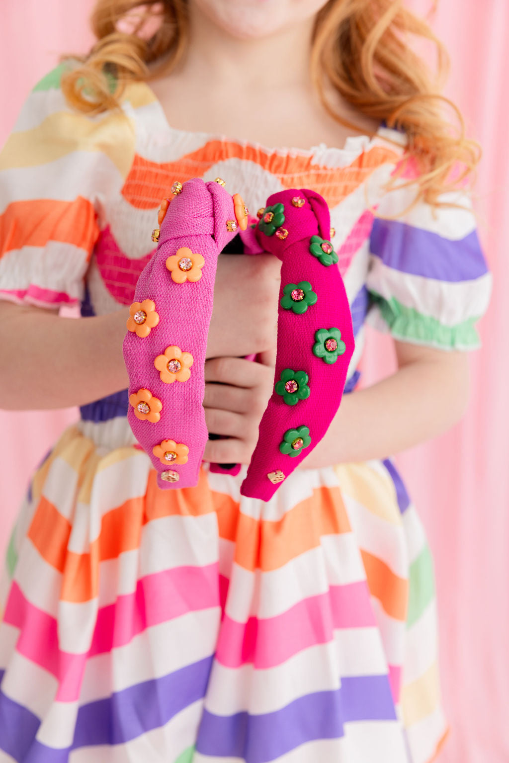 Child Size Bubble Gum Pink Headband with Orange Flowers