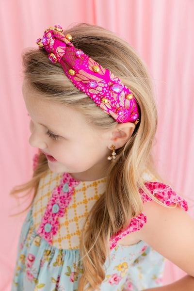 Child Size Pink & Gold Floral Headband with Gold Beads & Pink Crystals