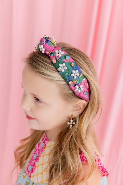 Child Size Pink & Green Spring Brocade Headband with Pearl Flowers & Crystals