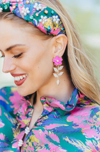 Pink Flower Earrings With Crystal Stem