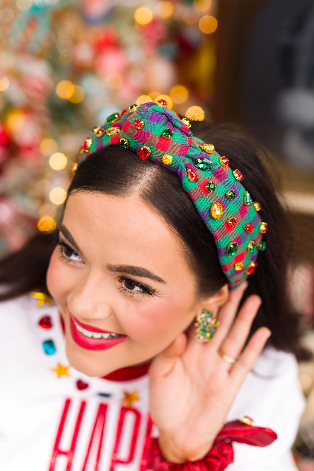 Colorful Plaid Flannel Headband with Crystals