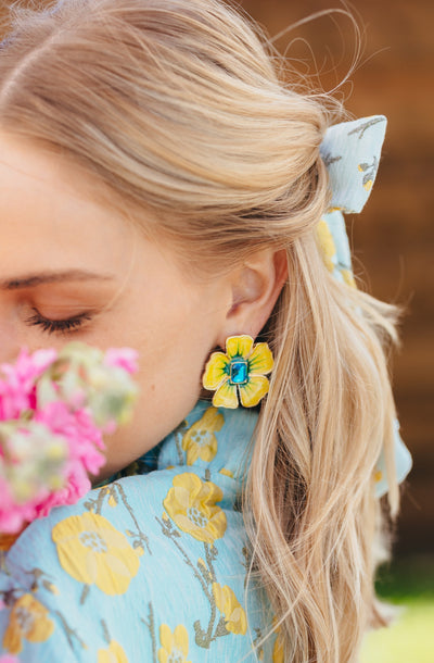 Hand Painted Yellow and Blue Hibiscus Earring