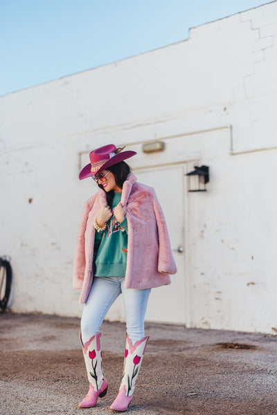 Dusty Pink Vegan Fur Coat with Floral Lining