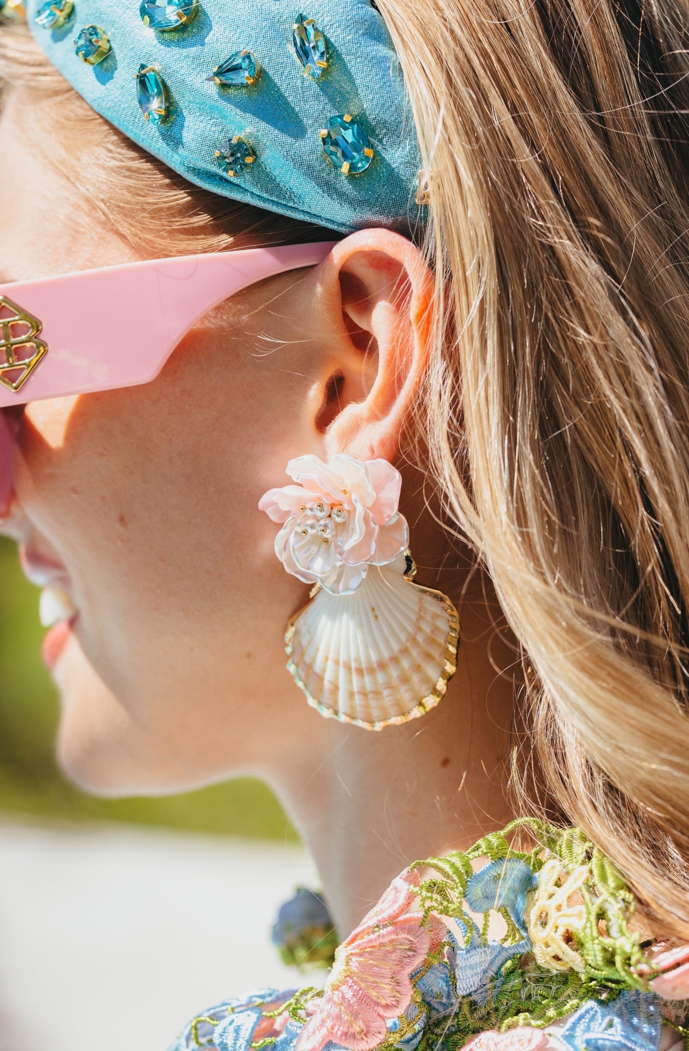 Shell Earrings with Pearly Pink Flower