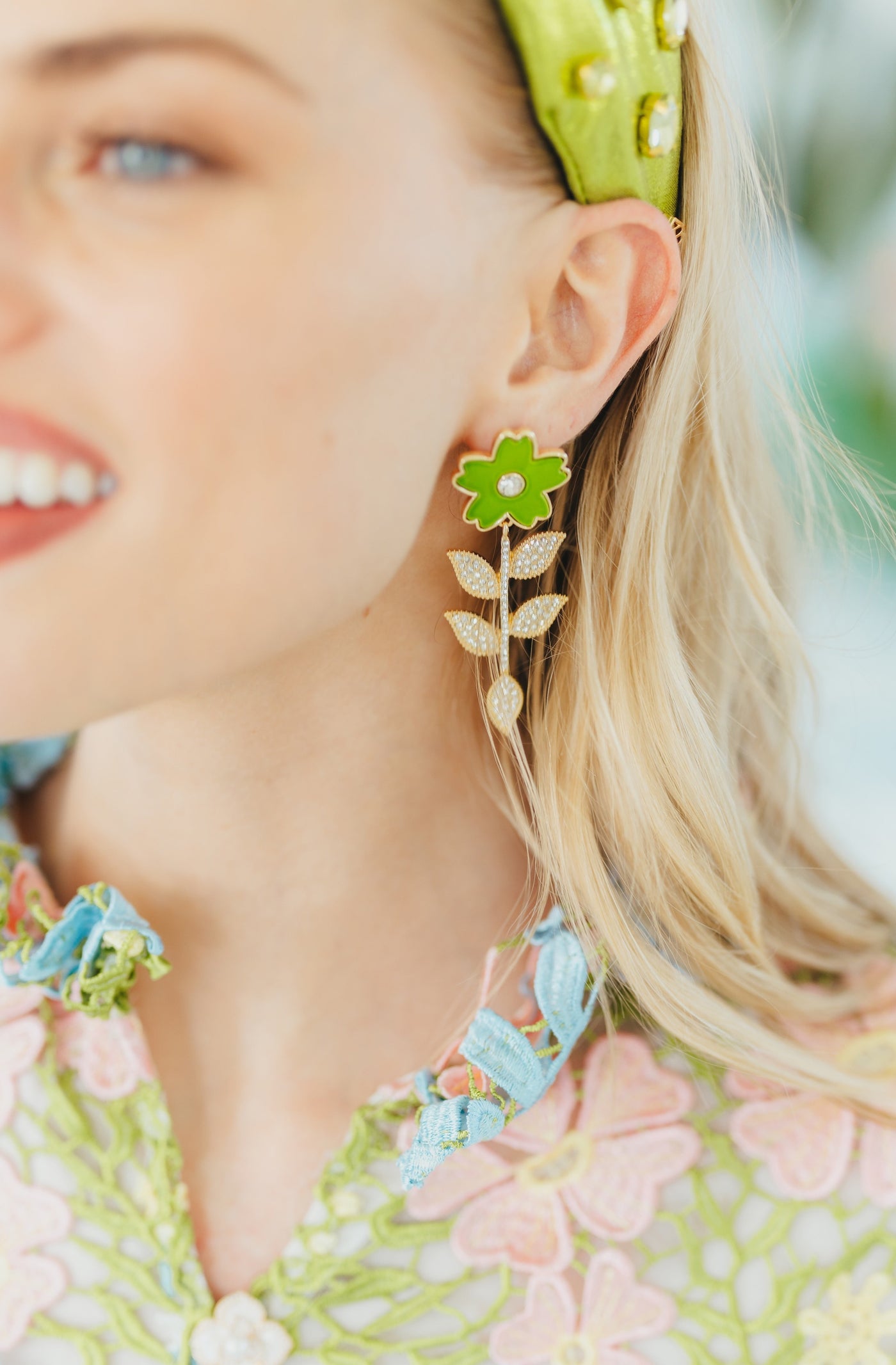 Green Flower Earrings With Crystal Stem