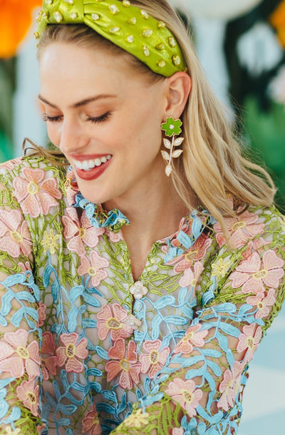 Green Flower Earrings With Crystal Stem