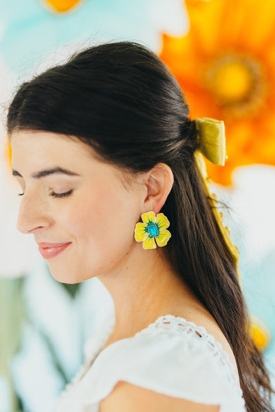 Hand Painted Yellow and Blue Hibiscus Earring