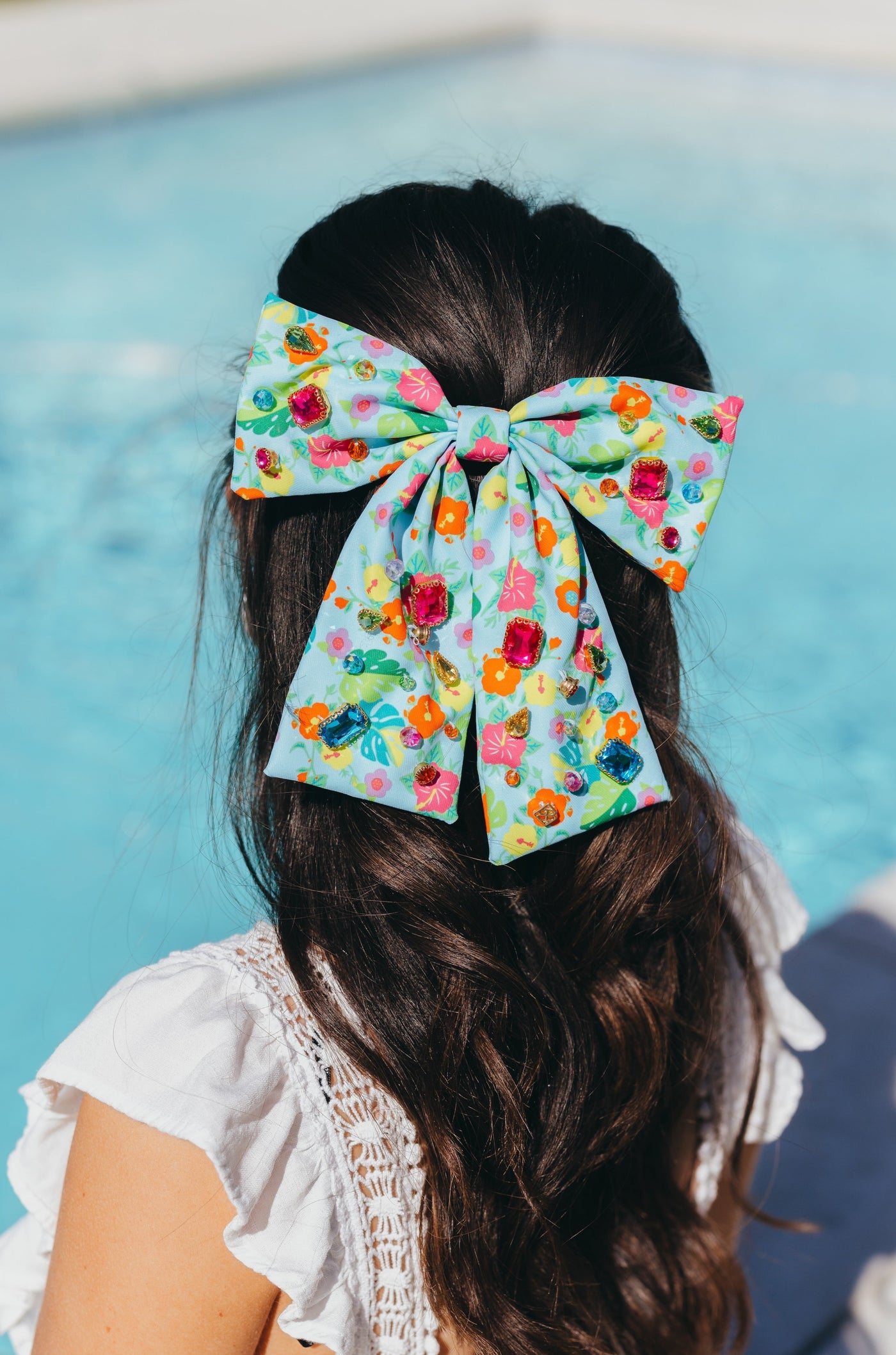 Tropics Floral Bow Barrette With Crystals