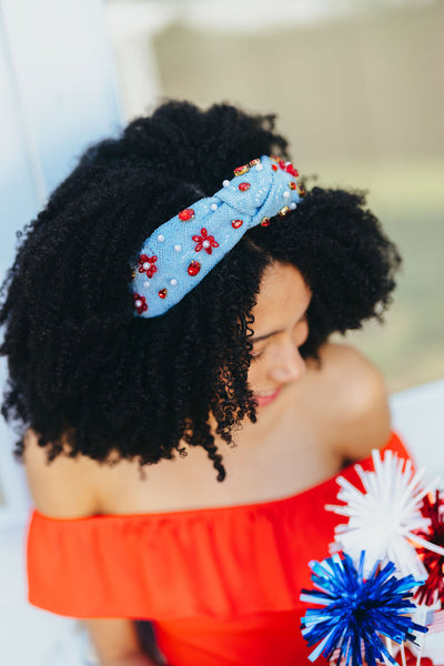 Adult Size Powder Blue Crochet Headband With Red Flowers & Pearls