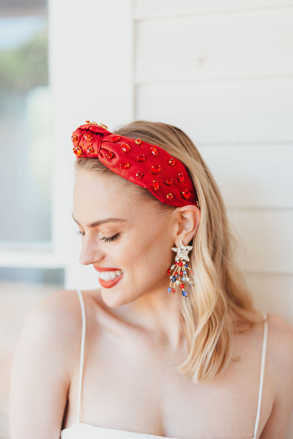 Adult Size Shimmer Headband with Hand-Sewn Crystals in Red