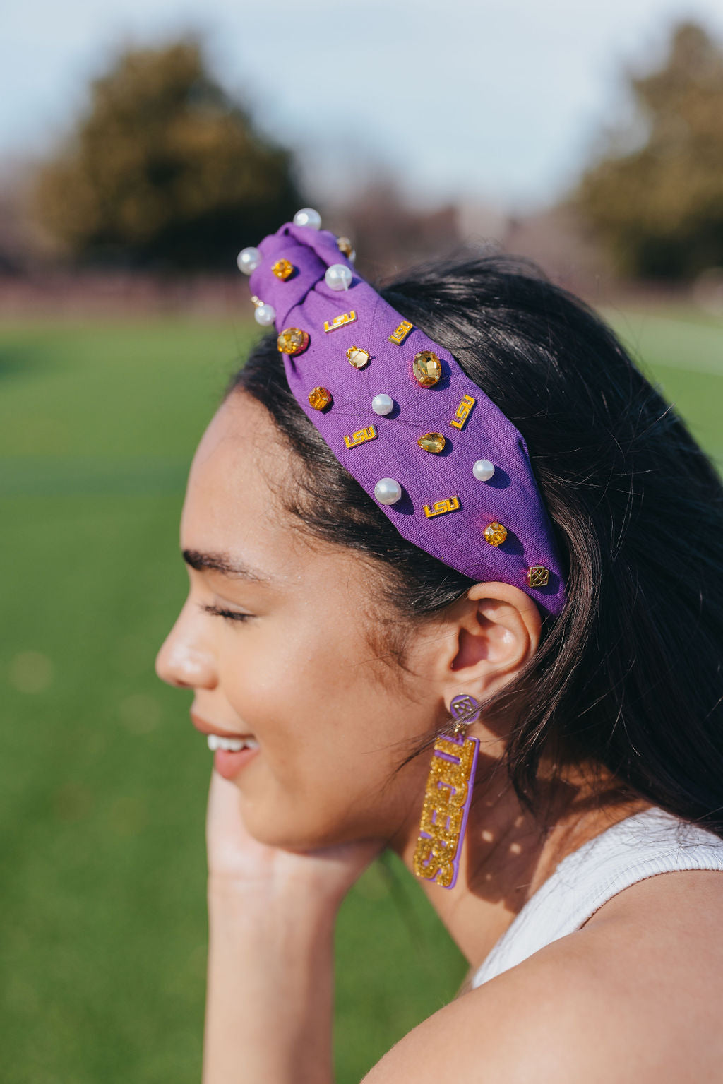 Gold Glitter and Purple GEAUX TIGERS Earrings