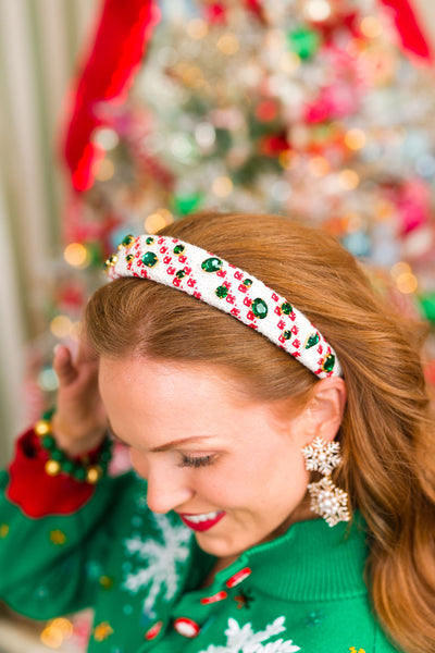 Thin White & Red Knit Winter Headband With Crystals & Pearls