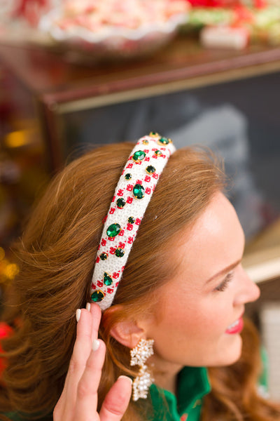 Thin White & Red Knit Winter Headband With Crystals & Pearls