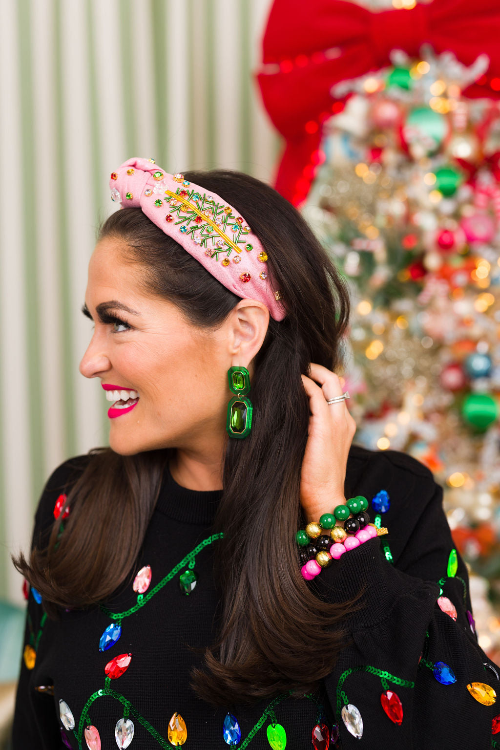 Pink Shimmer Christmas Tree Headband with Crystals