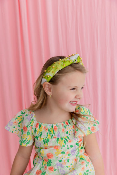 Child Size Lime Green, White & Gold Headband With Gold Beads