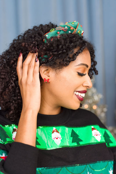 Green Tartan Bow Headband with Red Rhinestone Trim