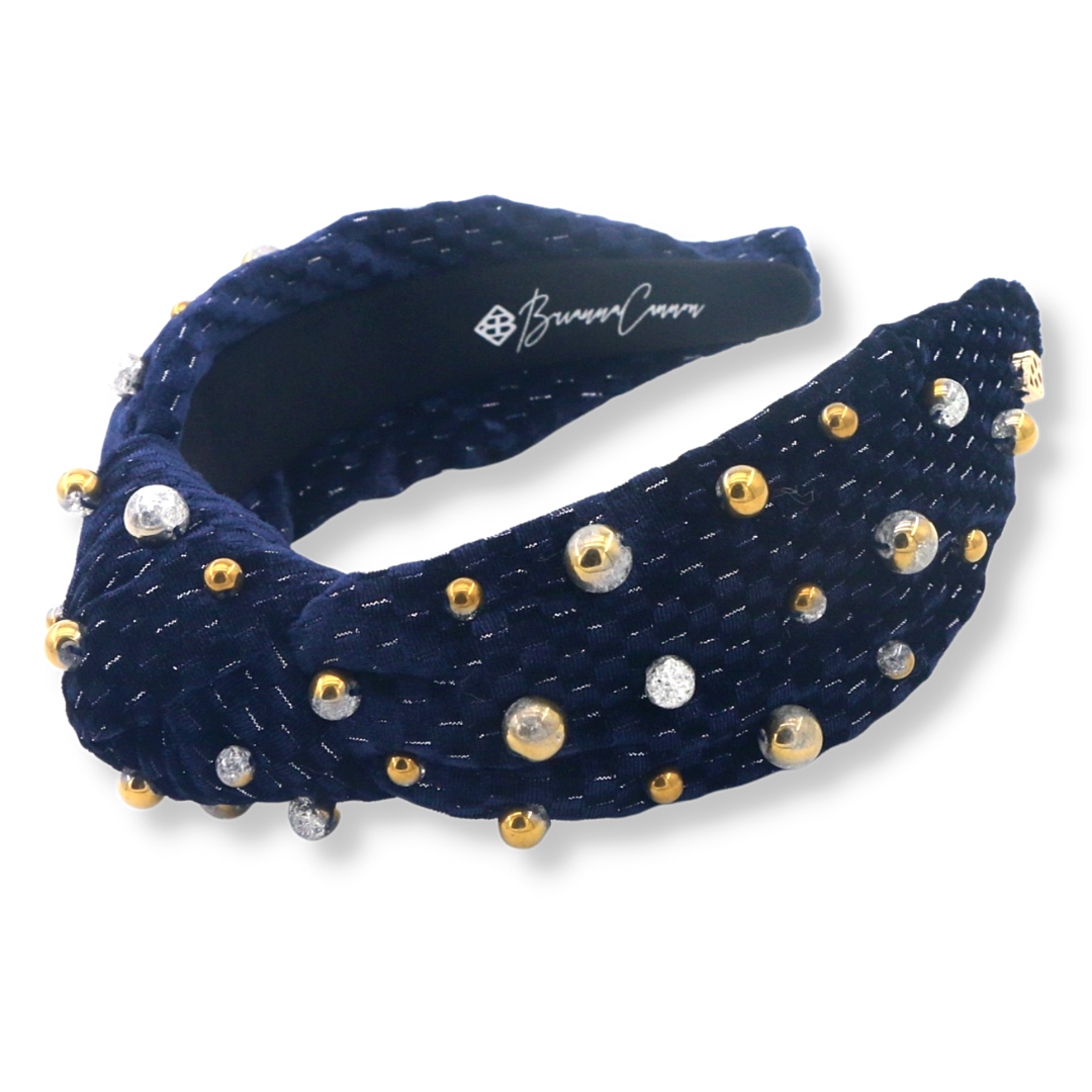 Navy Velvet Headband with Gold and Silver Beads