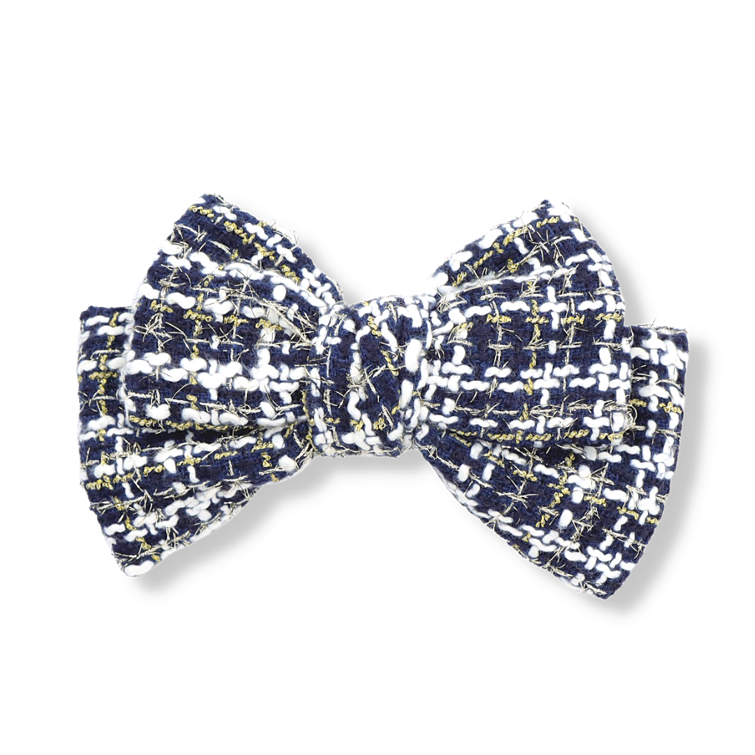 Navy, Gold & White Tweed Bow Hair Clip