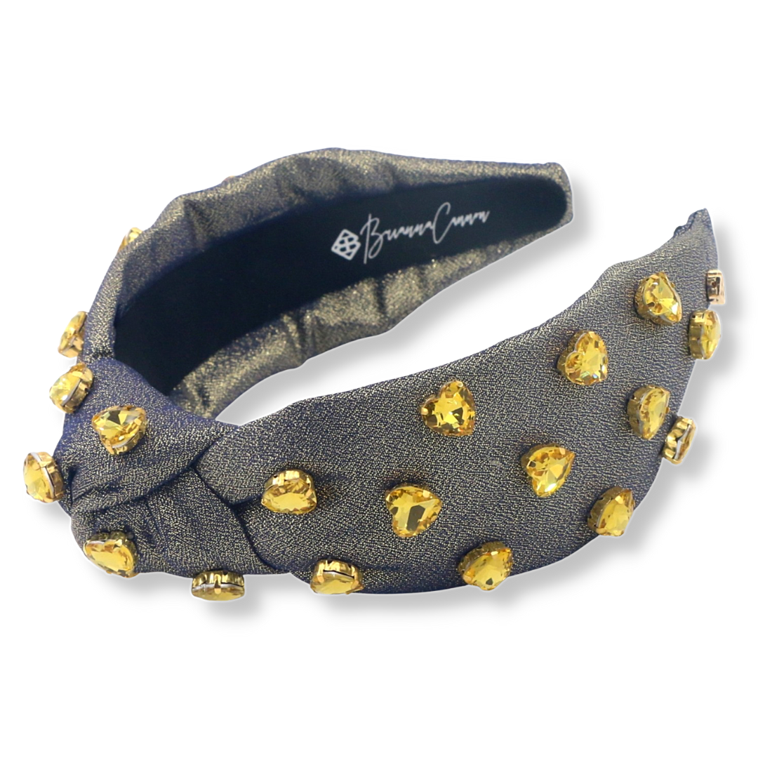 Gold and Navy Shimmer Headband with Gold Crystal Hearts
