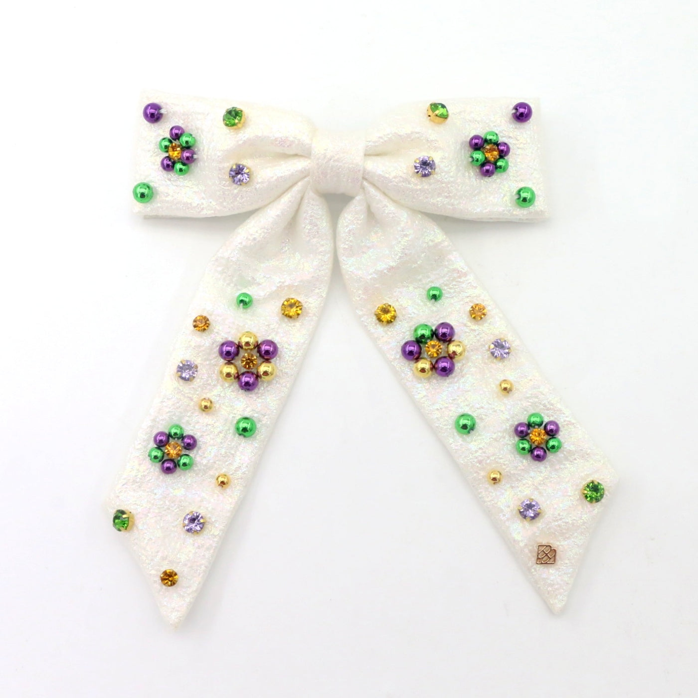 White Shimmer Mardi Gras Bow Barrette With Crystals & Beads