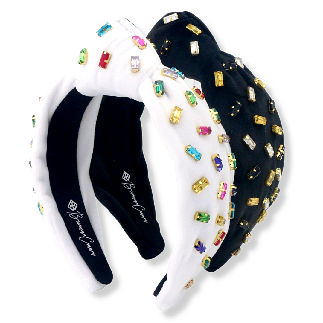 White Velvet Headband with Confetti Rainbow Crystals