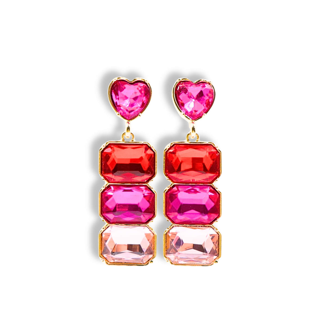 Red, Hot Pink & Light Pink Crystal Earring with Pink Crystal Heart Top