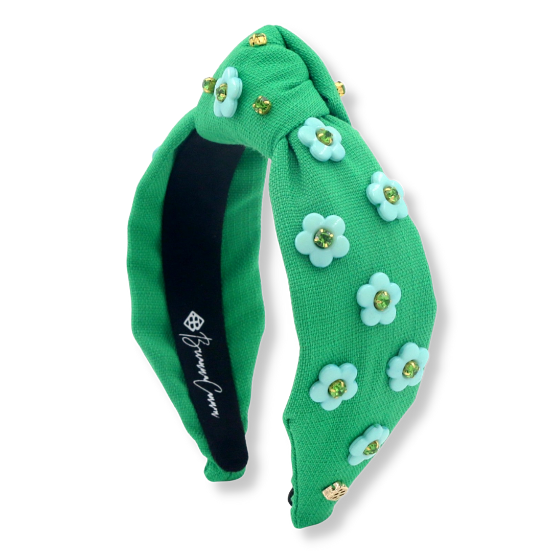 Adult Size Green Twill Headband with Blue Flowers