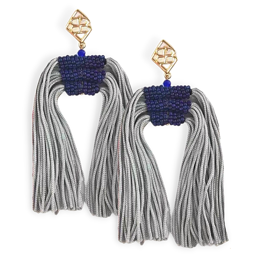 Color Block Tassel Earrings - Navy and Silver