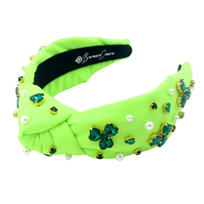 Adult Size Neon Green Headband with Crystal Shamrocks & Pearls
