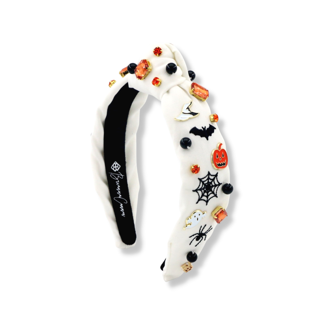 Child Size White Headband with Halloween Embroidery, Charms & Crystals