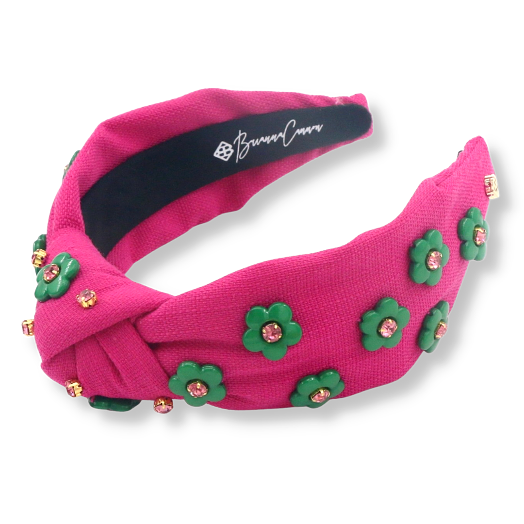 Adult Size Magenta Twill Headband with Green Flowers