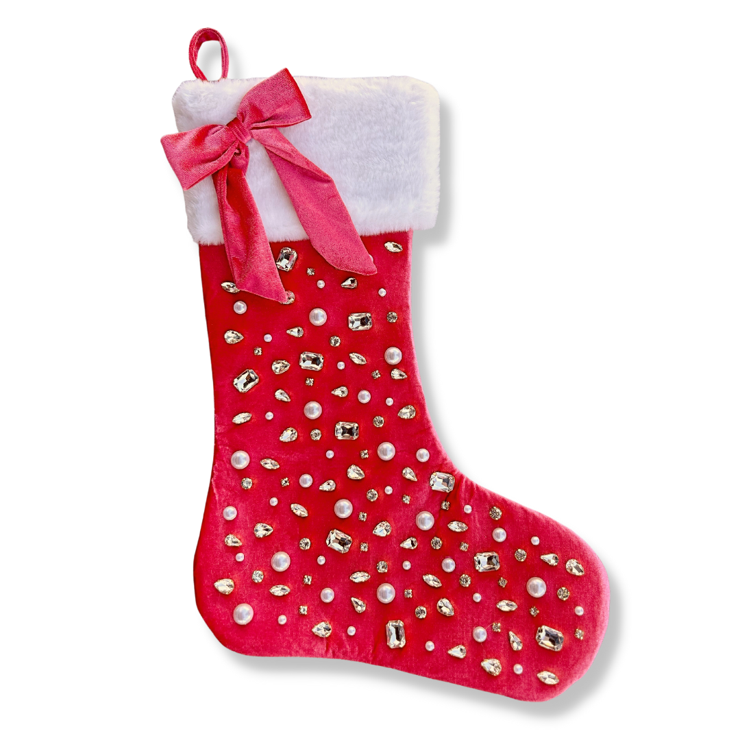 Christmas Berry Pink Stocking with Crystals and Bow